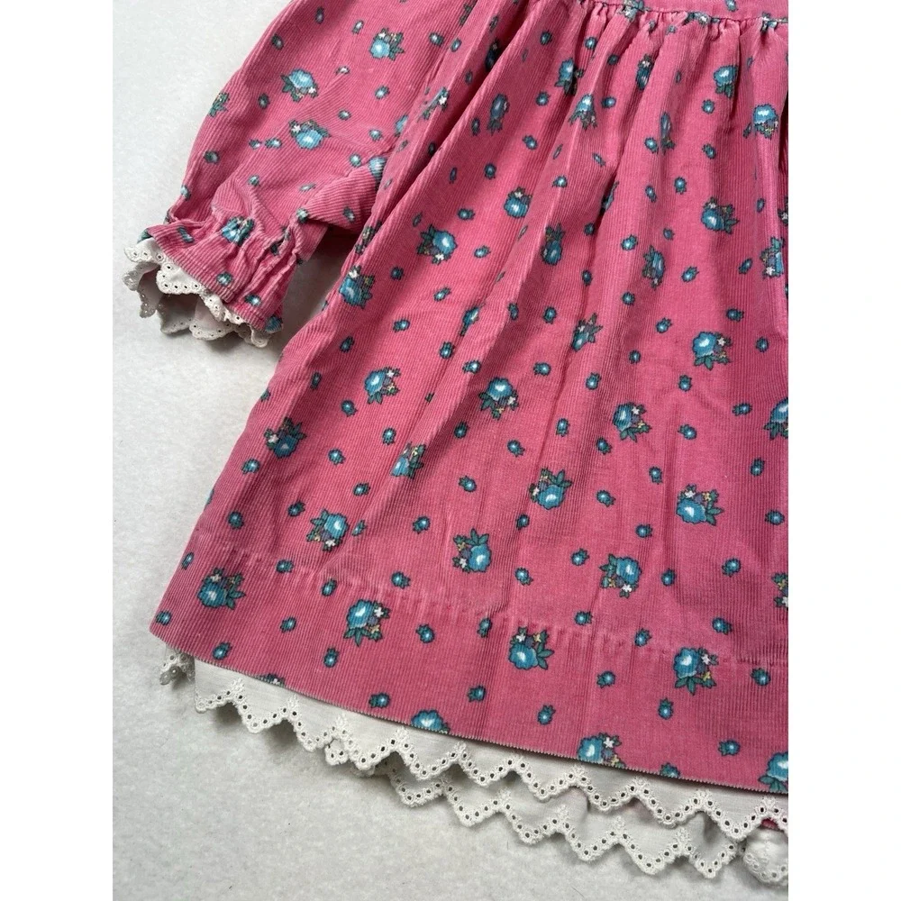 Vintage Oshkosh B'Gosh‎ Size 5 Pink Floral Corduroy Dress Eyelet Lace Trim